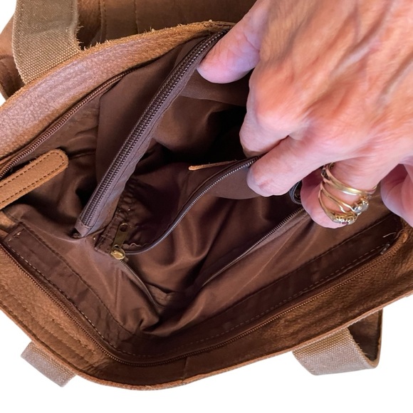 MIA Brown Leather Tote Shoulder Bag/Purse/Burlap type embellishments-Great Shape - Picture 7 of 11